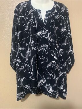 28. My Danielle XXL Black Horse-Print Peasant Tunic White Equestrian Motif NWT